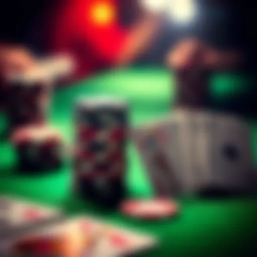 A close-up of poker chips stacked high next to playing cards on a green felt table, illustrating a high-stakes poker game.