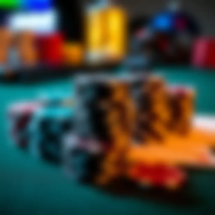 A close-up of poker chips and playing cards stacked on a table, representing online poker gaming in British Columbia, Canada.