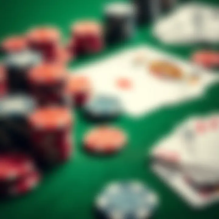 Poker Chips and Cards on Table A close-up shot of colorful poker chips and dealt playing cards on a green felt table, showcasing the excitement of a poker game.