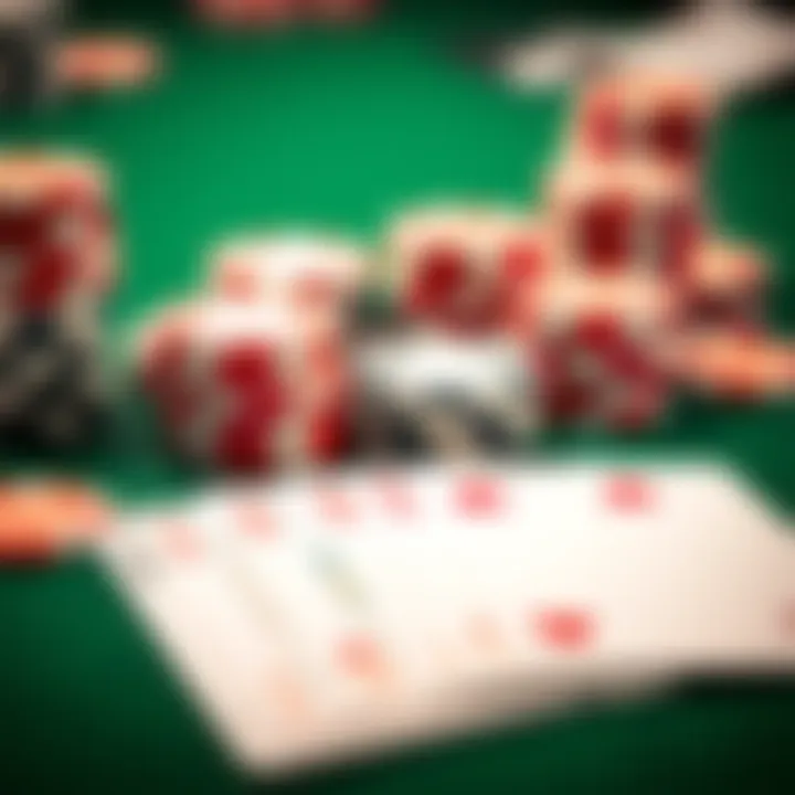 Close-up of poker chips stacked beside playing cards on a green felt table