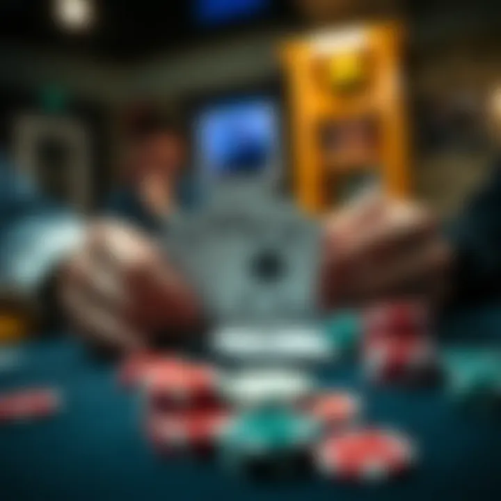 A focused player holds a set of poker chips while examining their cards at a poker table