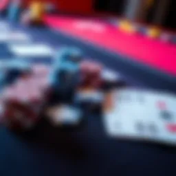 Poker chips and cards on a table A close-up of poker chips and playing cards arranged on a gaming table, showcasing an inviting setup for casual poker players.