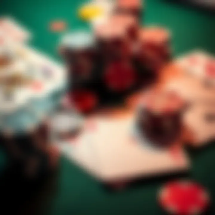 A set of colorful poker chips and playing cards spread out on a casino table, representing a live poker game.