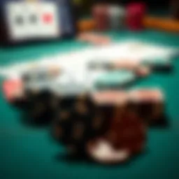 A close-up view of poker chips and playing cards laid out on a gaming table, representing recreational poker gameplay.