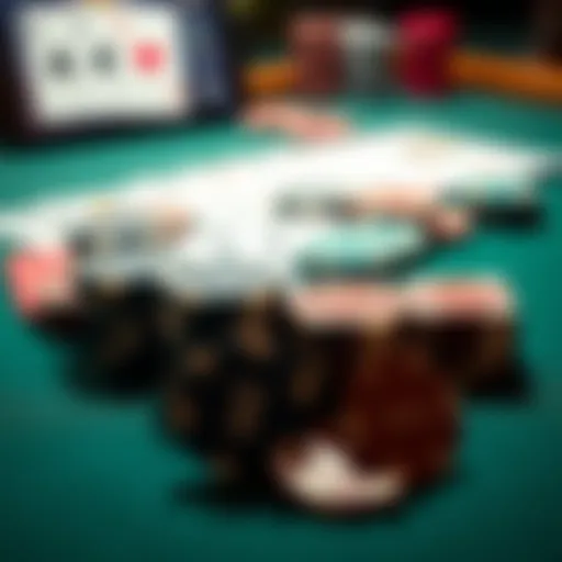 A close-up view of poker chips and playing cards laid out on a gaming table, representing recreational poker gameplay.