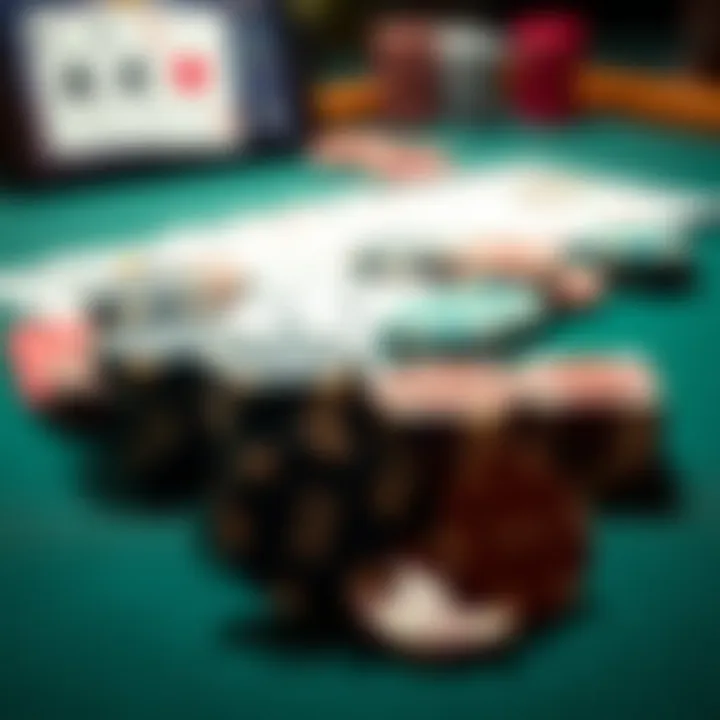 A close-up view of poker chips and playing cards laid out on a gaming table, representing recreational poker gameplay.