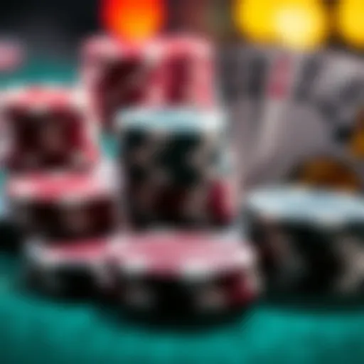 Close-up of poker chips and playing cards representing a high-stakes poker game