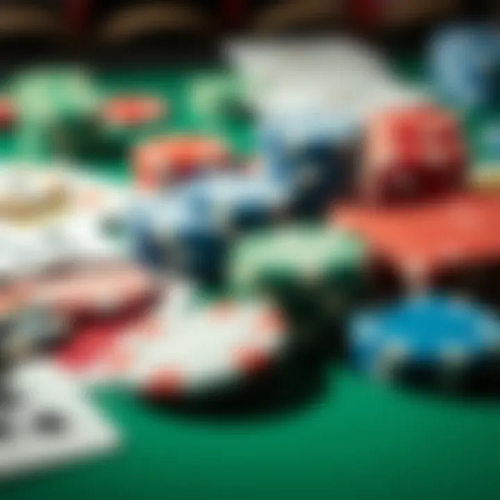 A close-up view of colorful poker chips and playing cards spread out on a table, symbolizing the game of poker and its potential for financial success or social mobility.