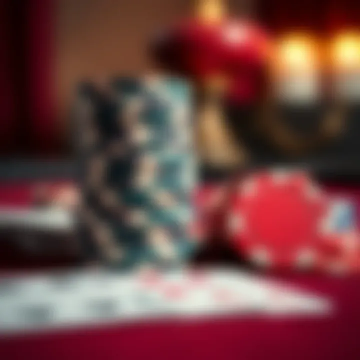 A close-up of poker chips stacked on a table with cards, illustrating the concepts of Chip EV and ICM in poker strategy.