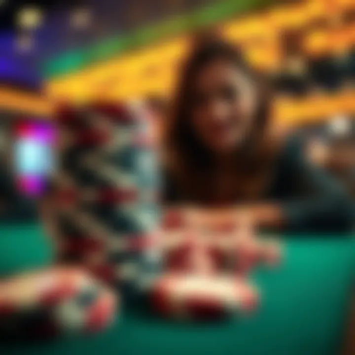A stack of poker chips with a woman in focus at a poker table, looking amused