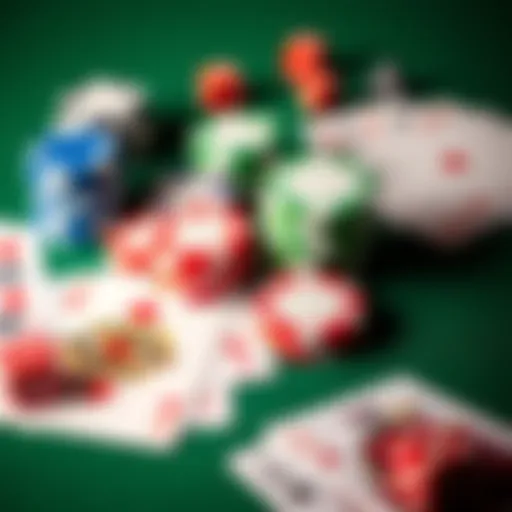 A selection of colorful poker chips alongside playing cards and dice on a green felt poker table