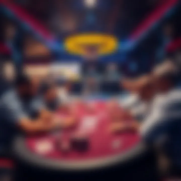 A lively poker club scene with players at tables, chips, and cards, showcasing an engaging game atmosphere.