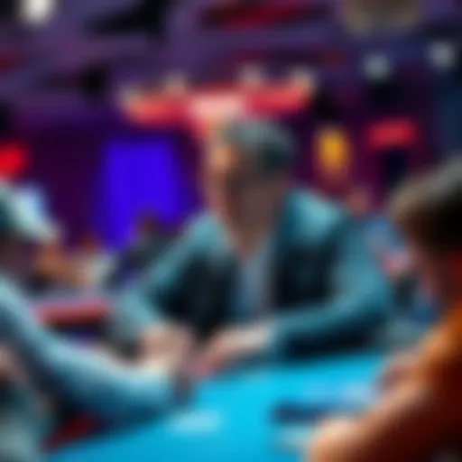 An iconic poker commentator at a table during a game, engaging with players and fans.