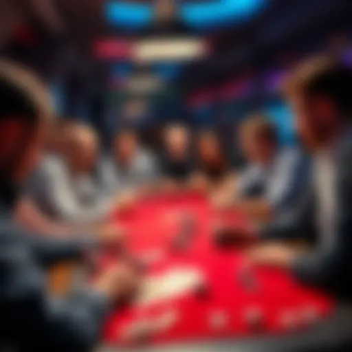 Poker Community Gathering A group of people discussing poker strategies at a table with cards and chips
