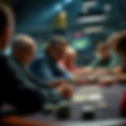 A group of players focused on a poker game, showing tension and strategy at a tough table