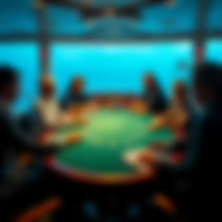 A lively poker table on a cruise ship with players enjoying the game and ocean views in the background