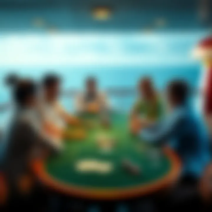 A group of people playing poker at a table on a cruise ship, with the sea in the background.