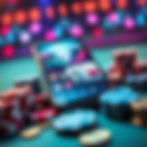 A smartphone displaying poker and cryptocurrency betting apps on the screen, with poker chips and coins around it