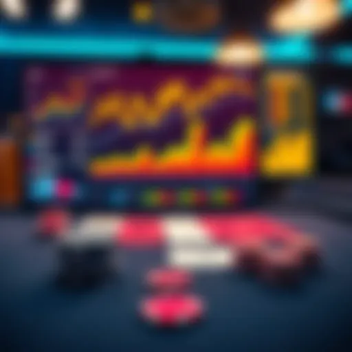 A graphic showing a poker table with cards and chips, highlighting data charts and statistics on a screen