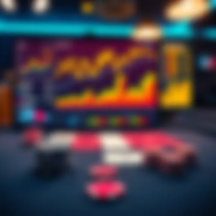 A graphic showing a poker table with cards and chips, highlighting data charts and statistics on a screen