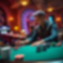 A poker dealer setting up cards and chips at a festive birthday celebration in New York City near Grand Central.