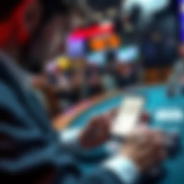 A poker dealer tracks their performance on the DownTracker app, showing real-time stats on a smartphone