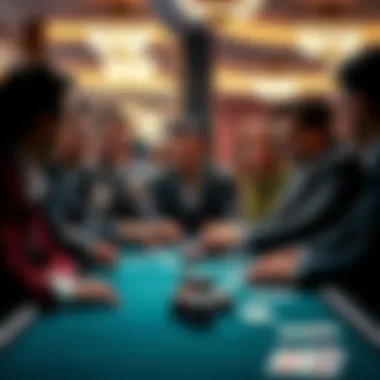 Poker dealer and players interaction Players at a poker table interacting with a dealer, showing various emotions