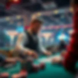 A poker dealer at a table handling multiple pots during a game, ensuring all bets are organized and clear for players.