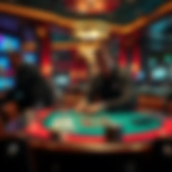 A poker dealer in Texas setting up a poker table in a lively poker club environment.