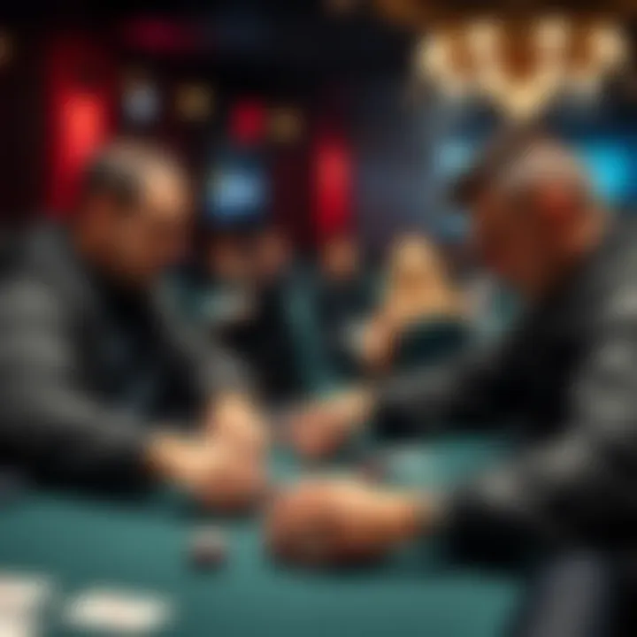 Two poker players analyzing their hands during a high-stakes game, focused on the river card.