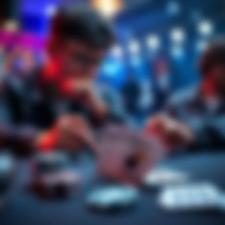 A player contemplating a tough poker decision with AQ suited cards visible on the table and a stack of 15 BBs nearby, while another player has a single chip in front of them.