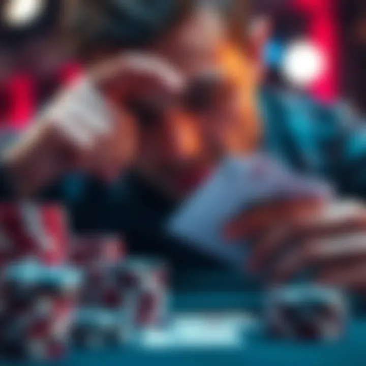 A close-up of poker chips, cards, and a player contemplating a call decision in a tense game, focused on strategy and risk assessment.