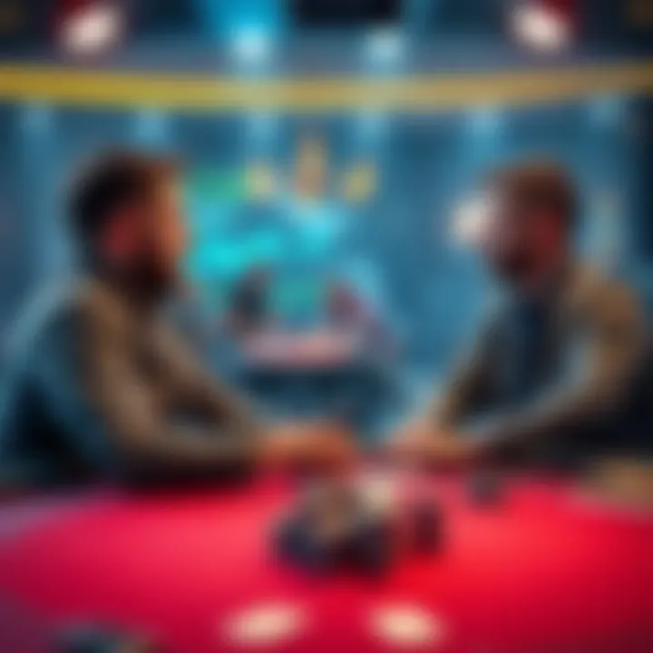 Two poker players engaged in a conversation over a poker table, considering the size of the pot in relation to their stacks and big blinds.