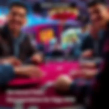 A collection of poker scenes showcasing excitement and strategy, featuring players at a table in Las Vegas, with cards and chips visible.