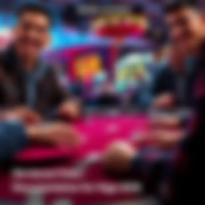 A collection of poker scenes showcasing excitement and strategy, featuring players at a table in Las Vegas, with cards and chips visible.