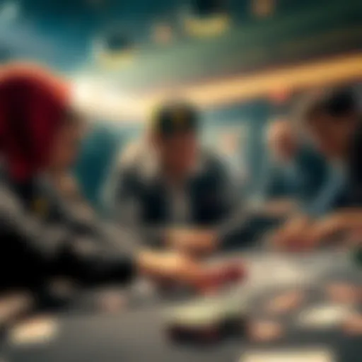 A group of poker players intensely focused at a final table with chips and cards spread out.