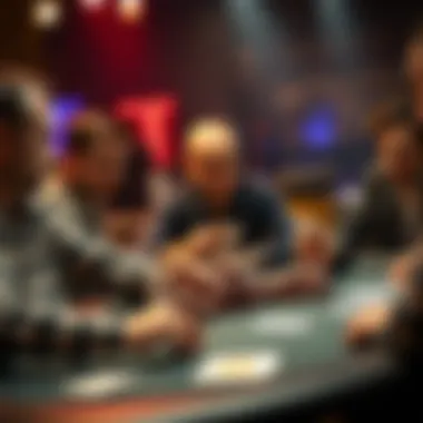 A tense moment at a poker final table with five players, each with different chip stacks, considering their next move with cards in hand.