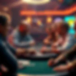 Poker players enjoying a friendly game A group of poker players smiling and engaging in a friendly game at a table, showing camaraderie and inviting atmosphere.