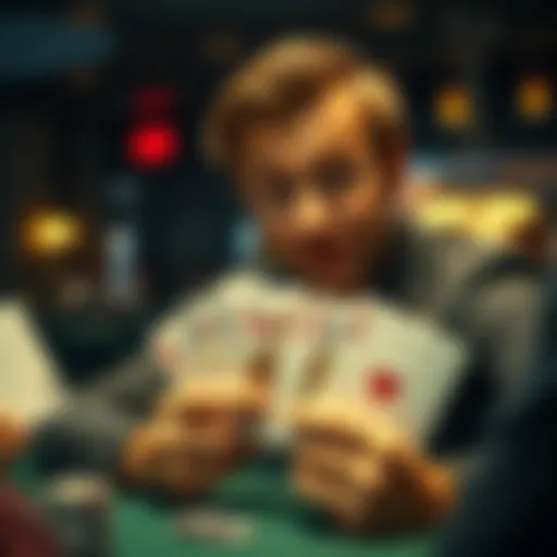 A poker player reveals a Full House hand with a surprised expression as another player wins the game
