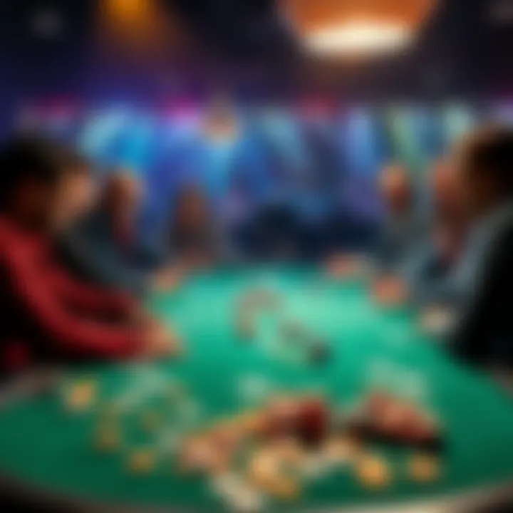 Eight players at a poker table competing in a heated game with cards and chips scattered around