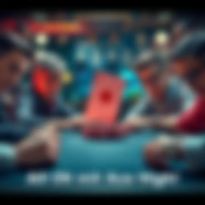 A tense poker game scene featuring players with focused expressions and a large pot of chips in the center.