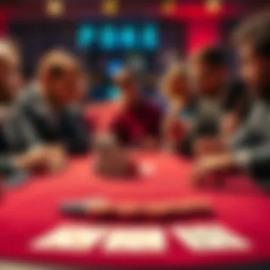 A poker table with chips, cards showing a straight and a full house, and players reacting to the outcome.