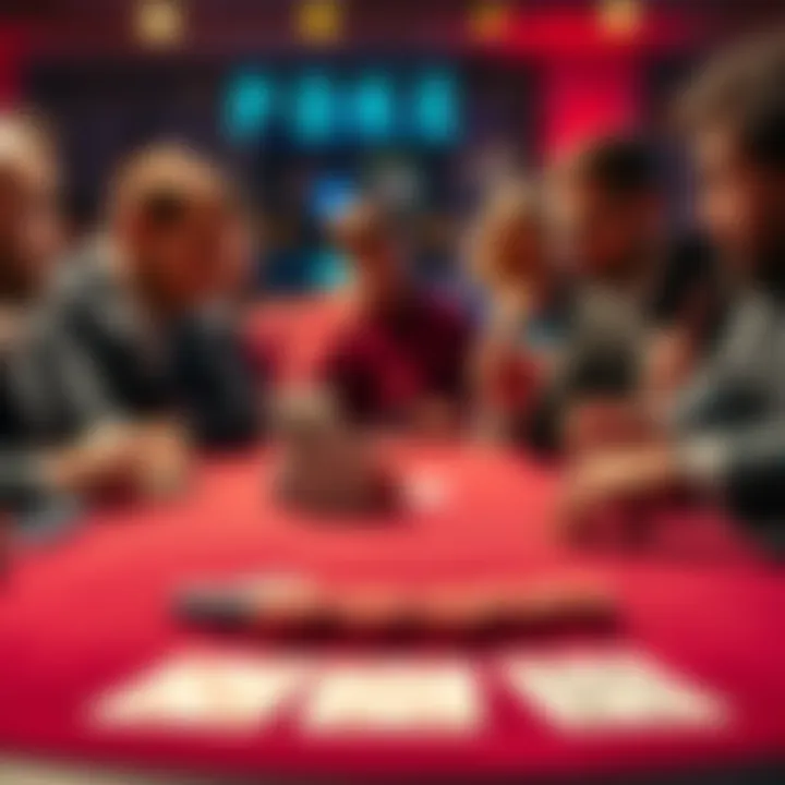 A poker table with chips, cards showing a straight and a full house, and players reacting to the outcome.
