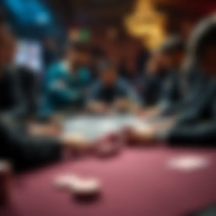 A group of players at a poker table in Atlanta focusing on their cards and chips during a game of Texas Hold'em.