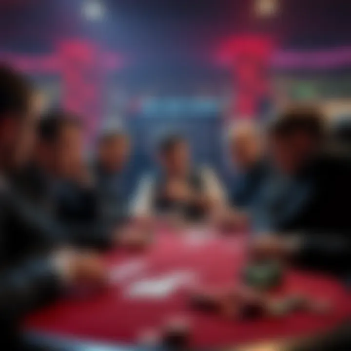 A tense poker game in Canterbury Park with players reacting in surprise at an unexpected call. Cards and chips are visible on the table.