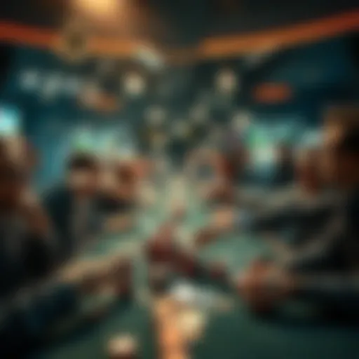 A lively poker table filled with players expressing excitement and surprise, with chips scattered around and cards in hand, showcasing a chaotic cash game atmosphere.