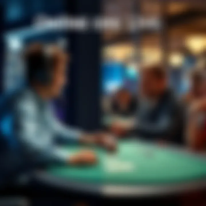 A split image showing a person playing online poker on a computer and another playing live poker at a table with friends, highlighting the differences in focus and engagement.