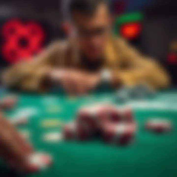 A close-up of poker cards and chips on a green table, with a focused player contemplating their next move.