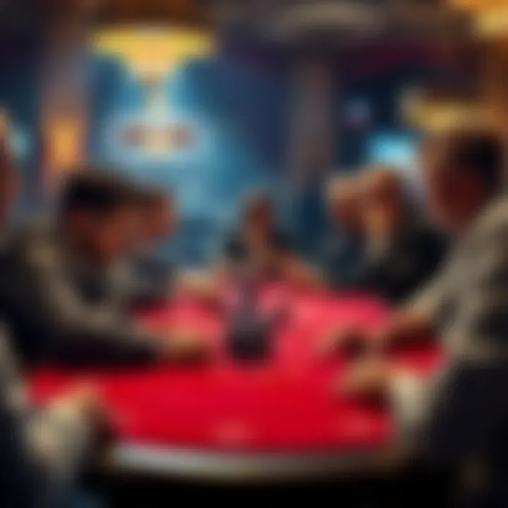 A tense poker table scene showing players reacting to each other's moves and nonverbal cues during a game.