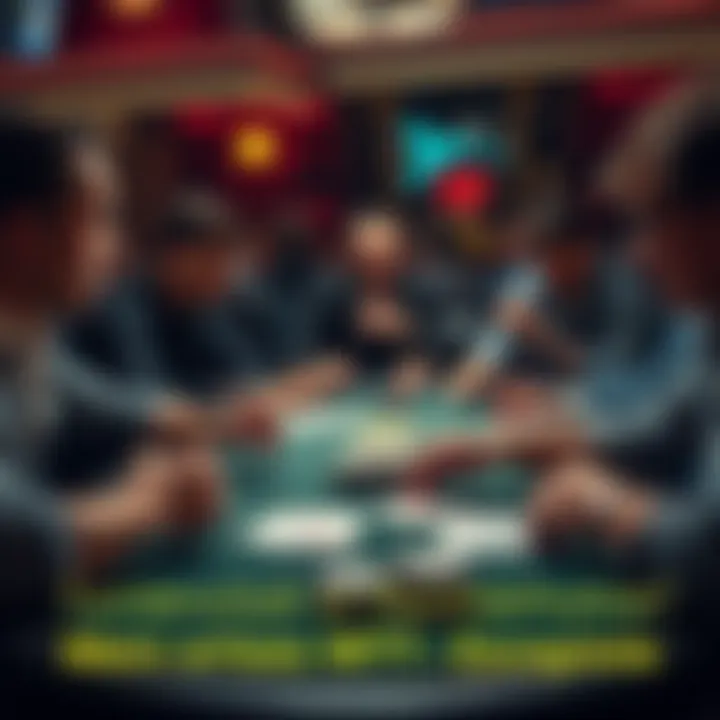 A tense poker table scene showing players reacting to surprising hands, with cards in focus: AA, TT, AK, and AT visible.